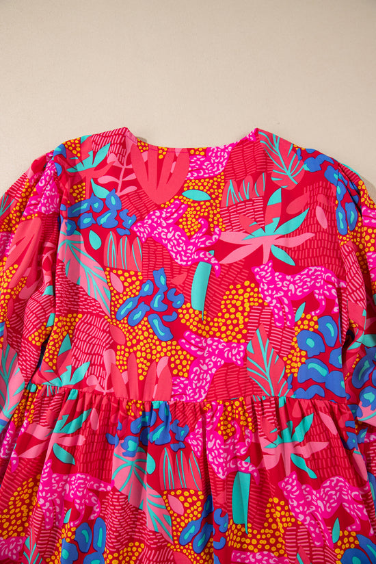 Mini-robe à volants et manches lanternes, imprimé tropical rose, col en V, grande taille