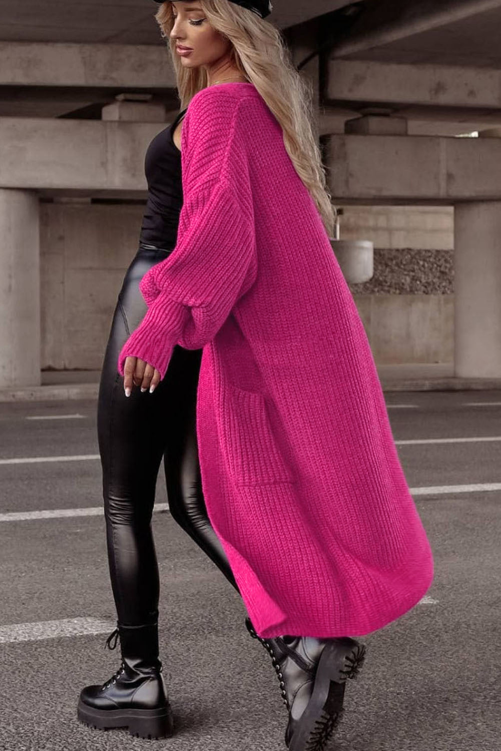 Cardigan tricoté à manches bulles et poches latérales roses-A WOMAN WE LOVE
