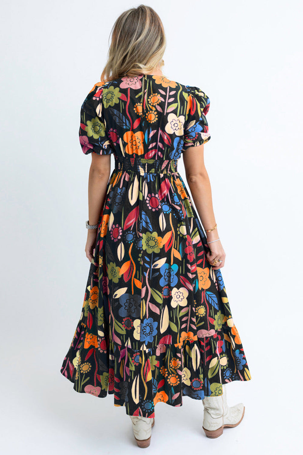 Black Retro Floral Stamped Split Neck Maxi Dress