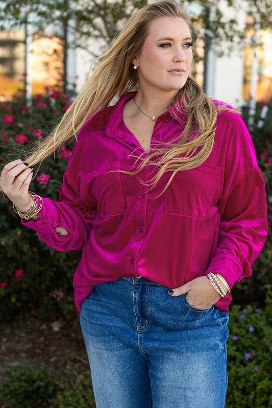 Plus Size Hot Pink Velvet Drop Shoulder Chest Pocket Shirt