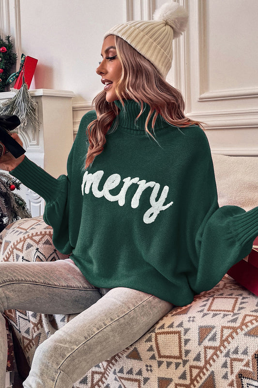 High neck sweater embroidered with joyful blackish green letters