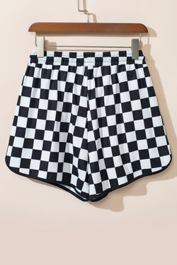 Black Plaid Casual Shorts with Drawstring and Elastic Waist