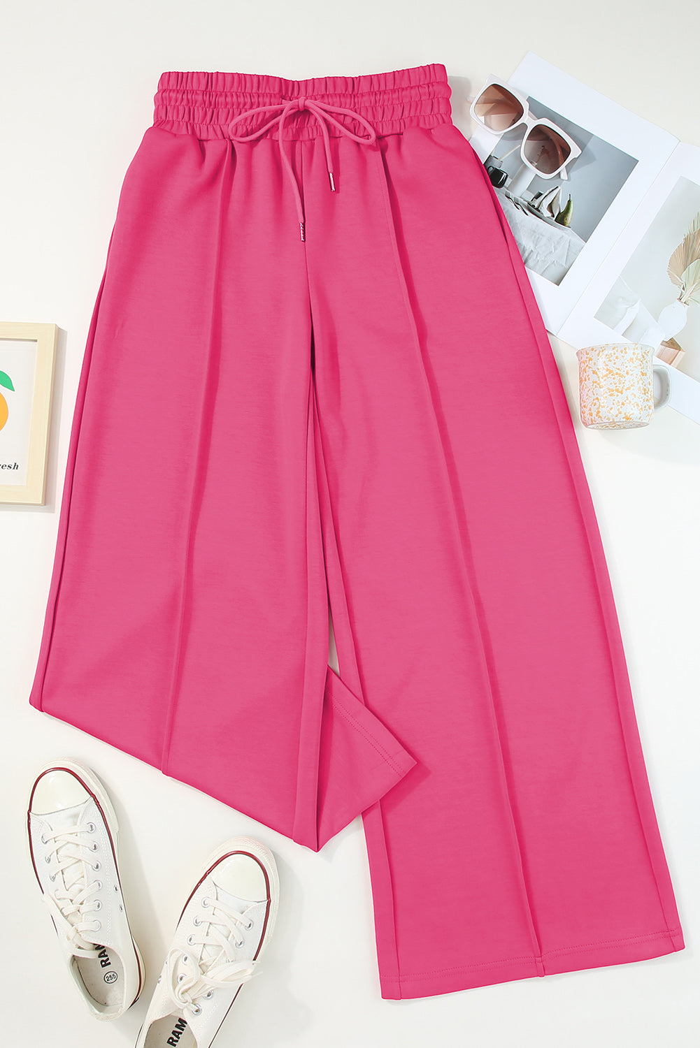 Red Rose - Terry Knit Sweatpants with Drawstring and Smocked Waist, Wide Leg