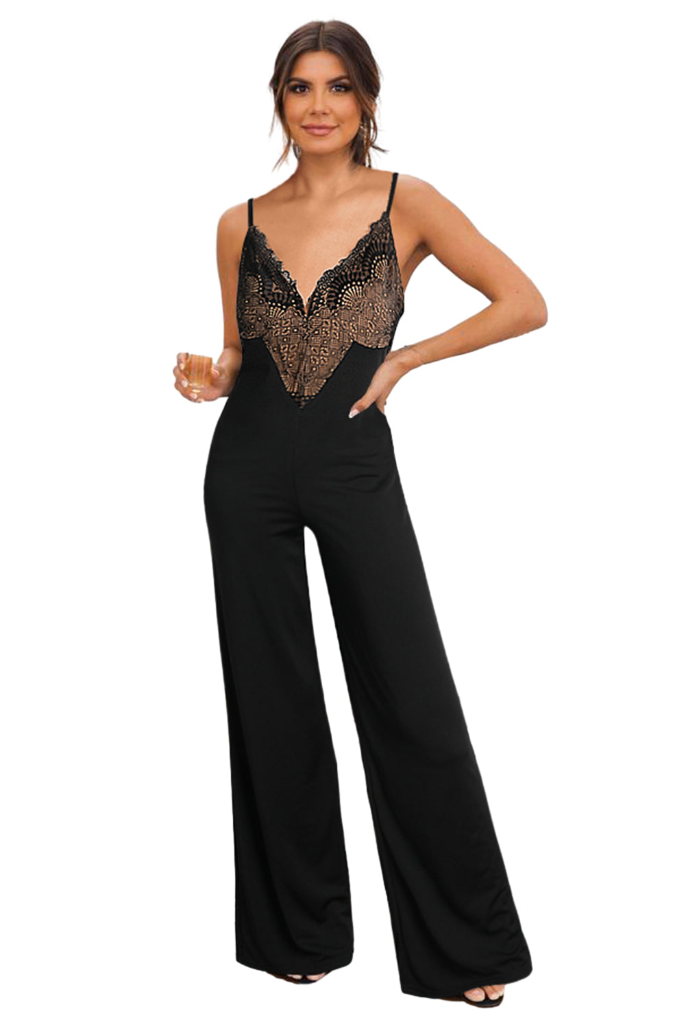 Schwarzer Spitze gegen Nackenmieder Spaghetti -Straps Weitbein -Jumpsuit