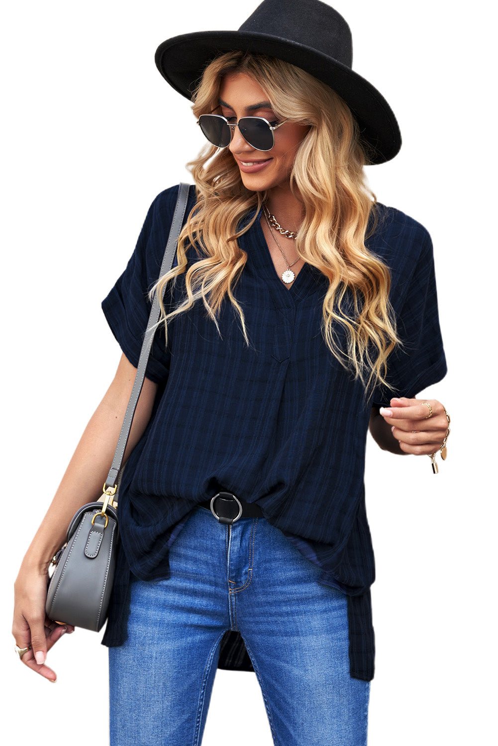 Navy Plaid Print Lose V Neck Kurzarmhemd mit Schlitzen