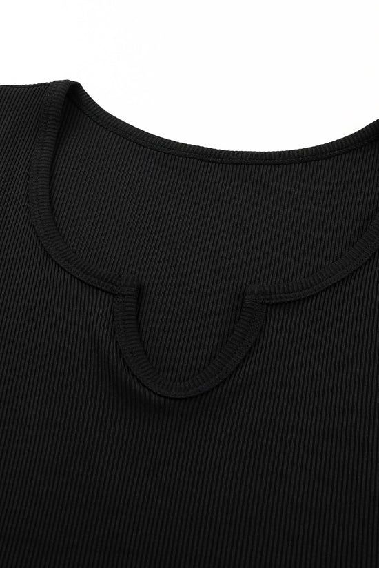 Black ribbed knit tank top with split neck