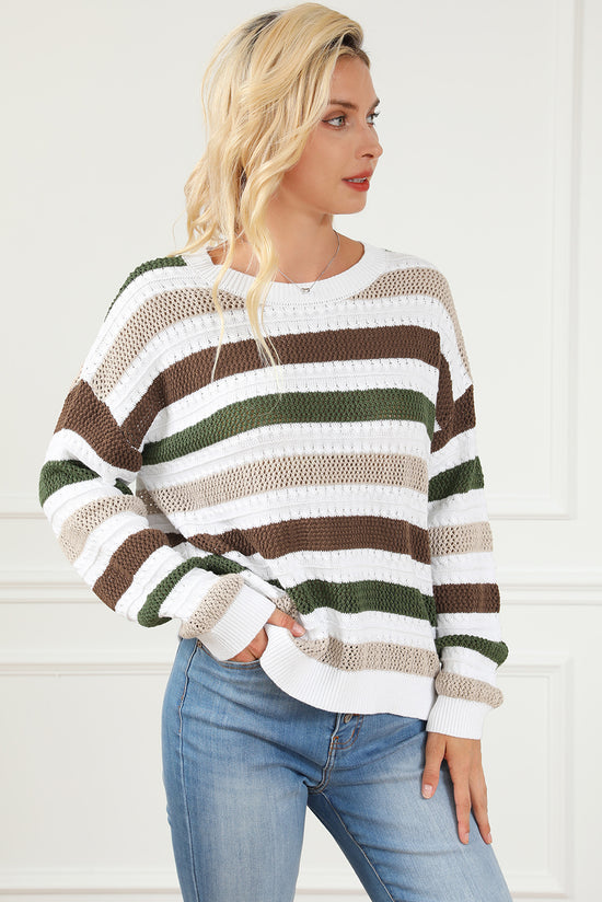 Striped crochet openwork knit sweater