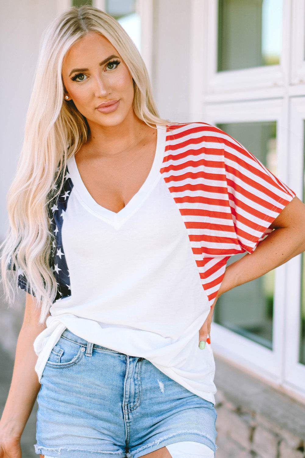 White the US Stars and Stripes V Neck Tee