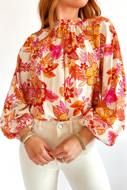 Floral print blouse and pearl button with long orange puffing lock hole