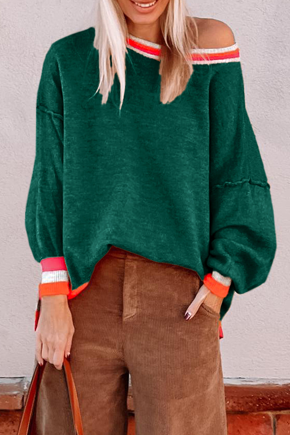 Blackish green color block striped trim drop shoulder sweater