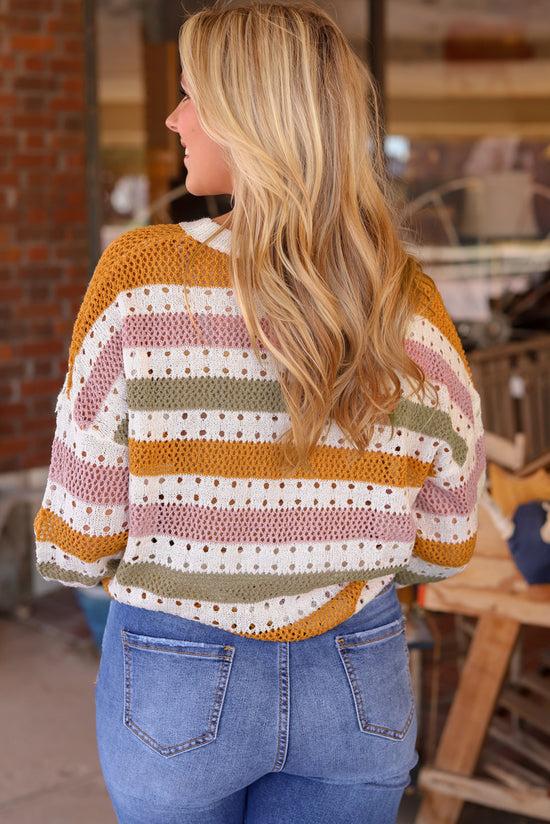 Blot knitted sweater hollowed out with multicolored stripes