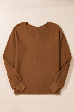 Camel Ribbed Knit Loose Sweater with Dropped Sleeves and V-Neck