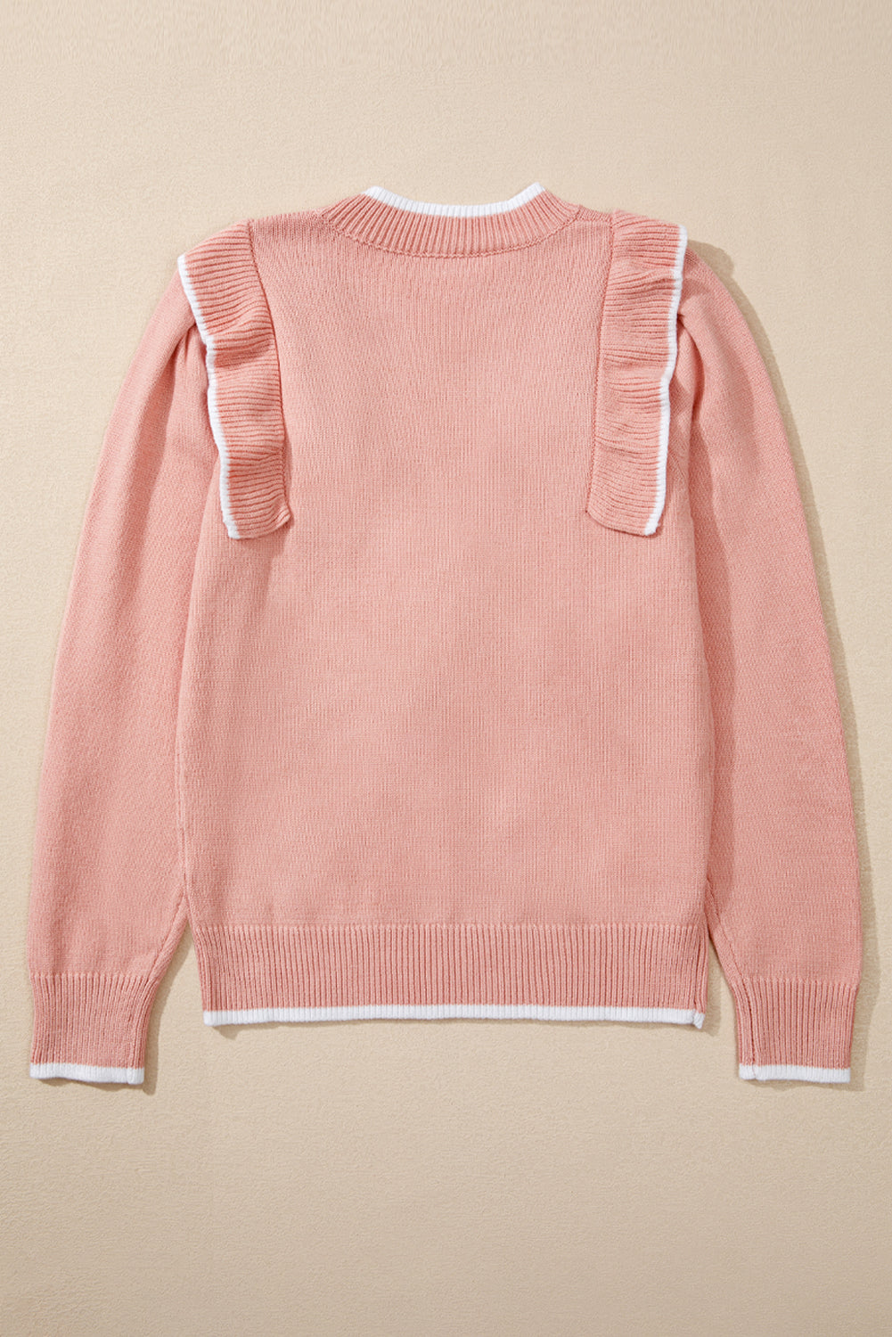 Light Pink Long Sleeve Ribbed Trim Sweater with Bow Tie and Ruffles