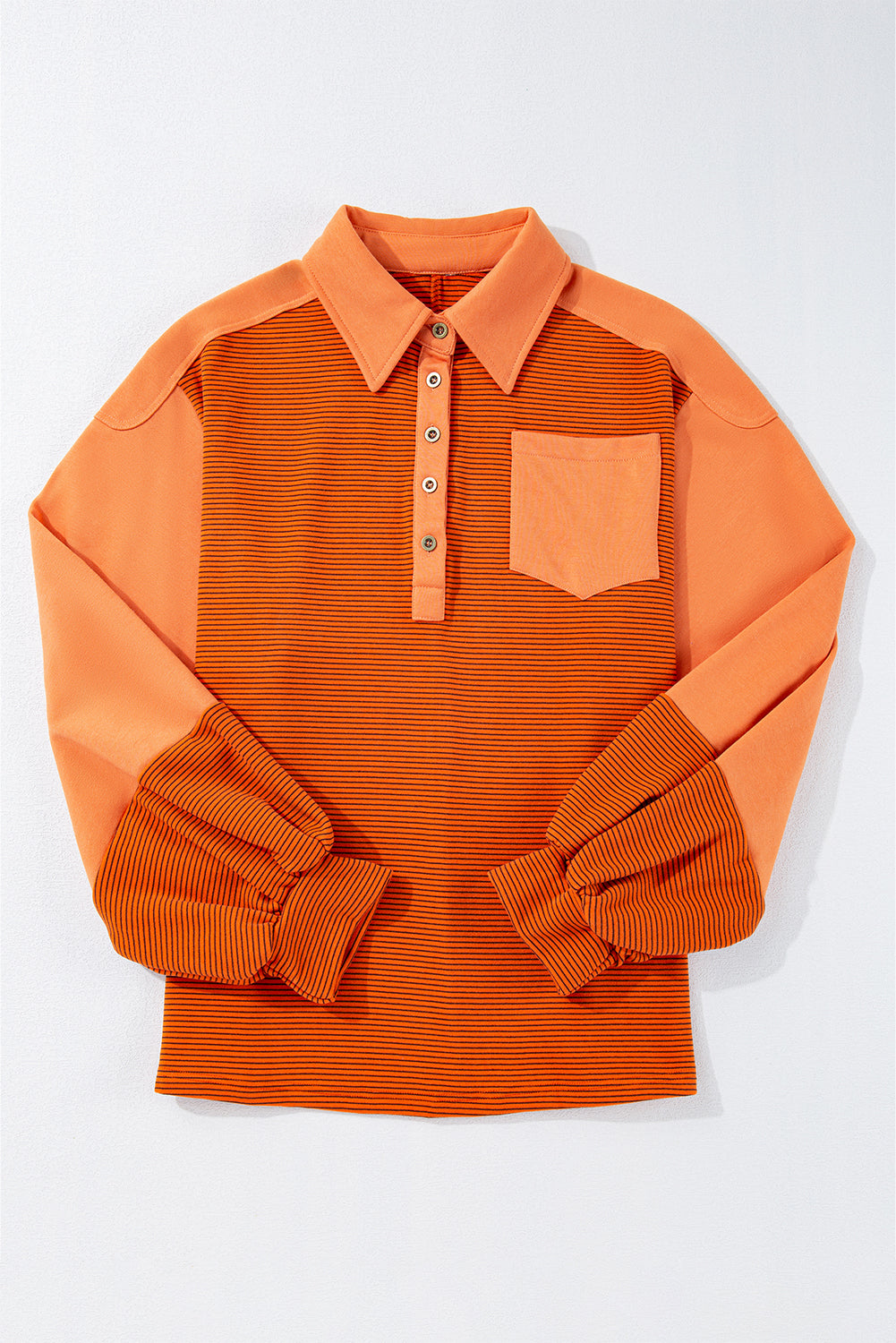 Orangefarbener Streifen freiliegende Naht Henley Turndown Neck Puff-Ärmel Sweatshirt