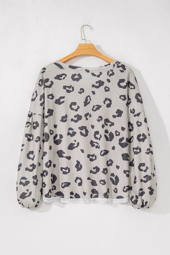 Gray thermal tricot high leopard with large balloon sleeves