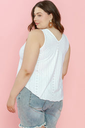 White lace tank top with eyelets and V -collar in large guipure