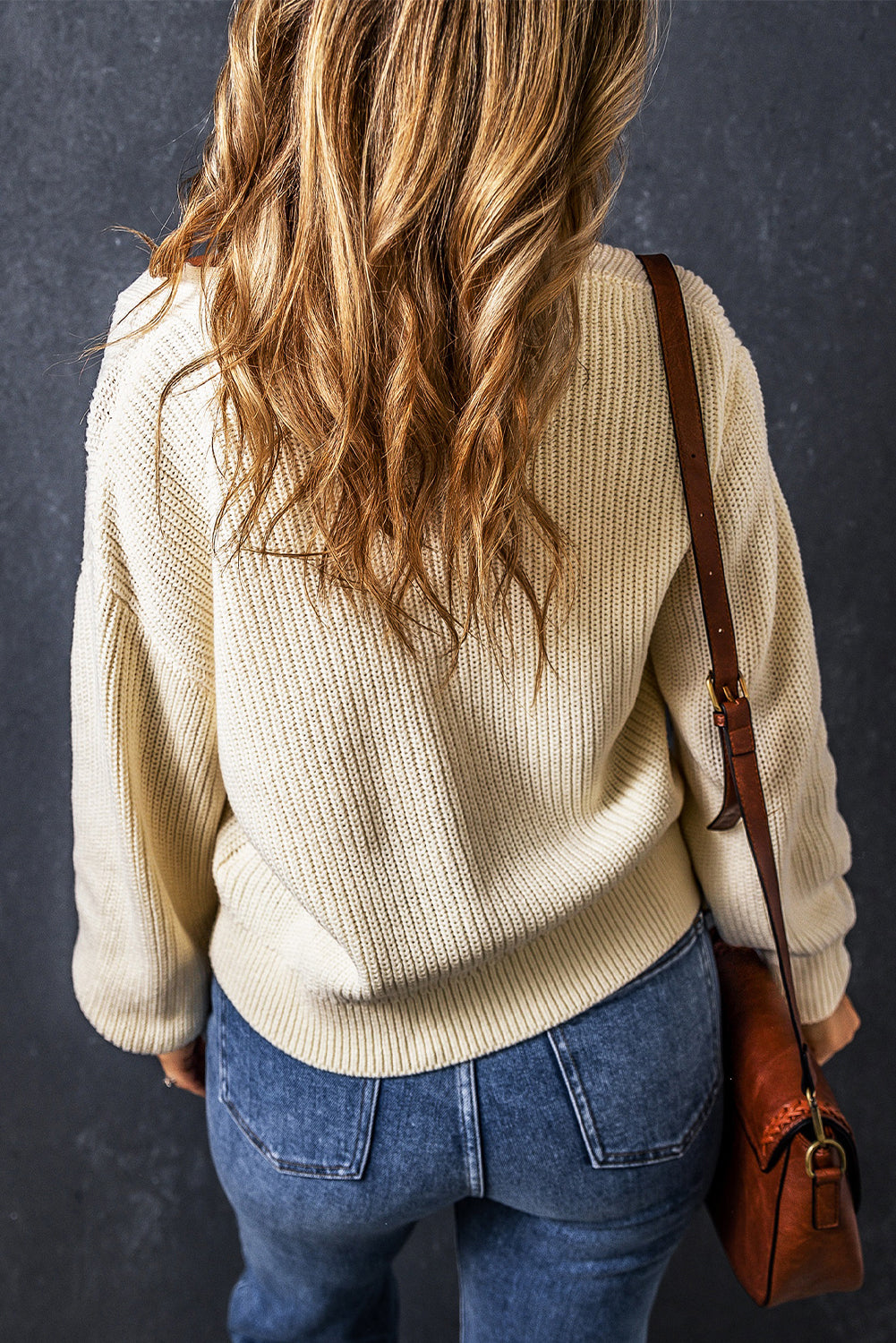 Beige Plain Knitted Buttoned V Neck Cardigan