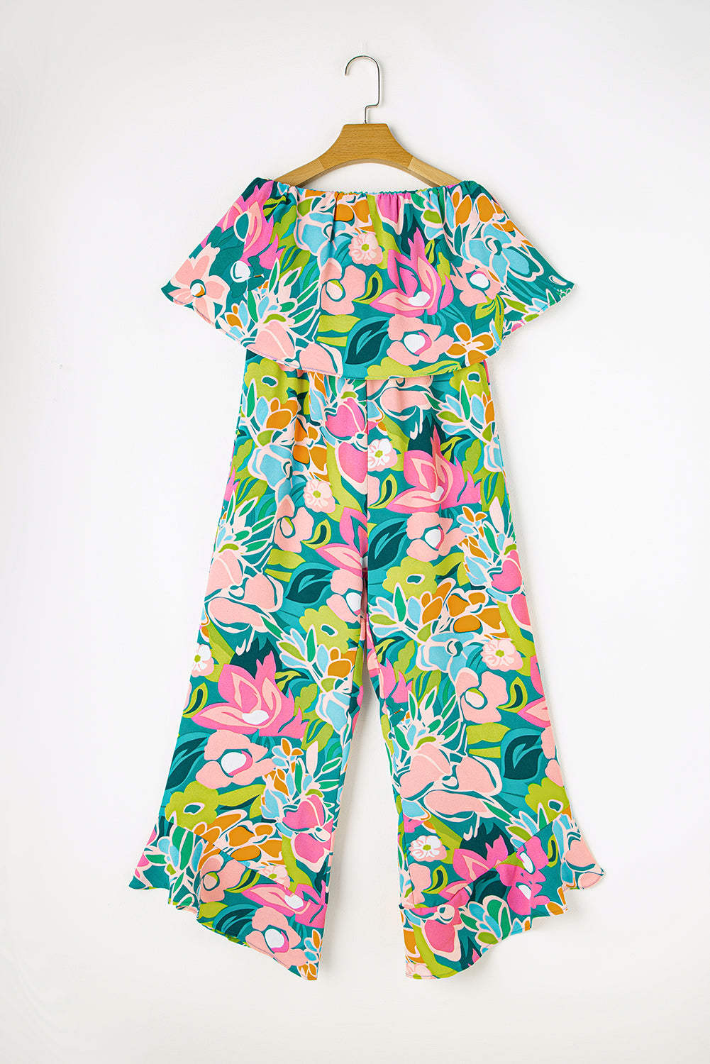 Green Mix Tropical Print Strapless Ruffled Jumpsuit