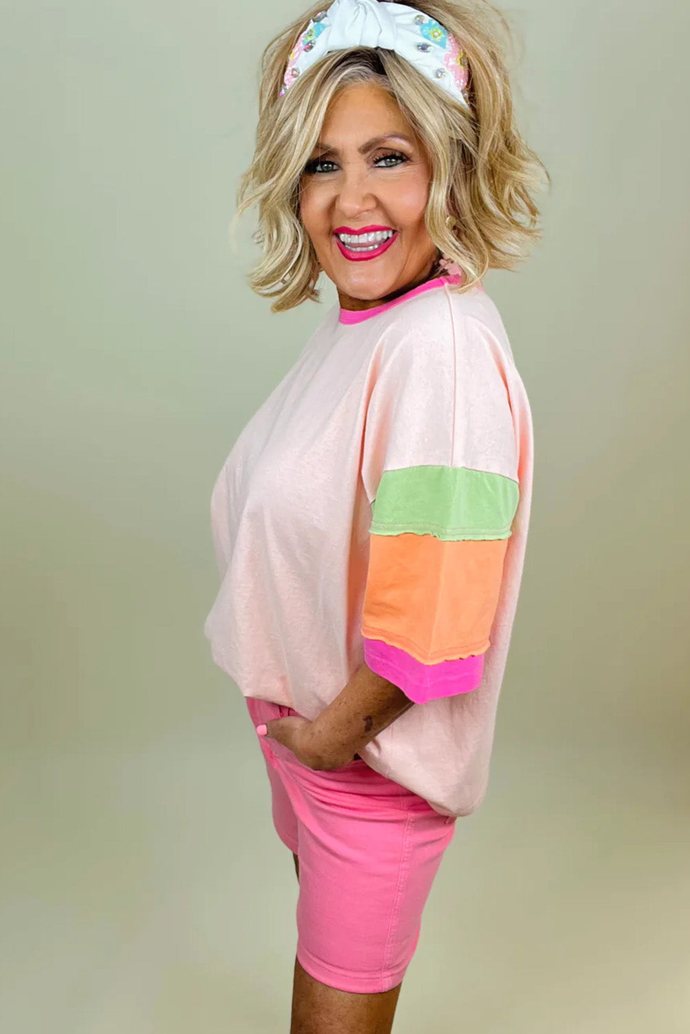 Pink T-shirt with half sleeves and round neck, plus size