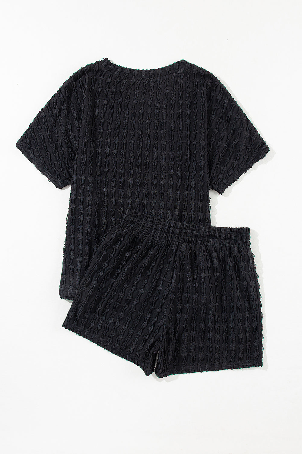 Black Textured Short Sleeve Top and Drawstring Shorts Set