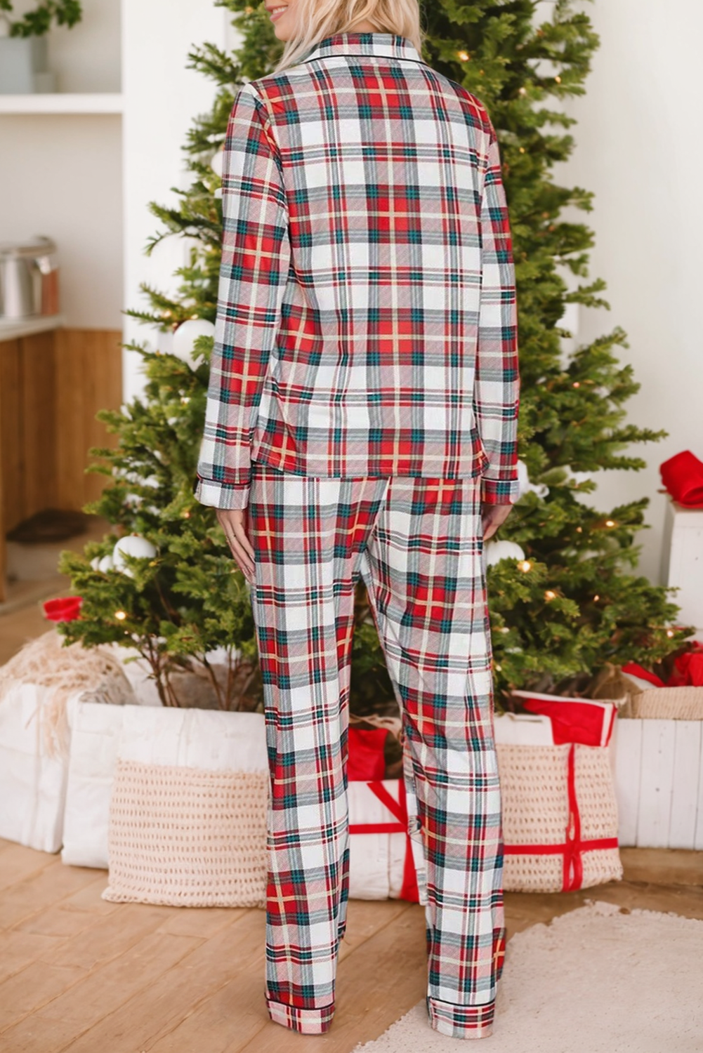 Ensemble de pyjama deux pièces à manches longues à carreaux de Noël rouge