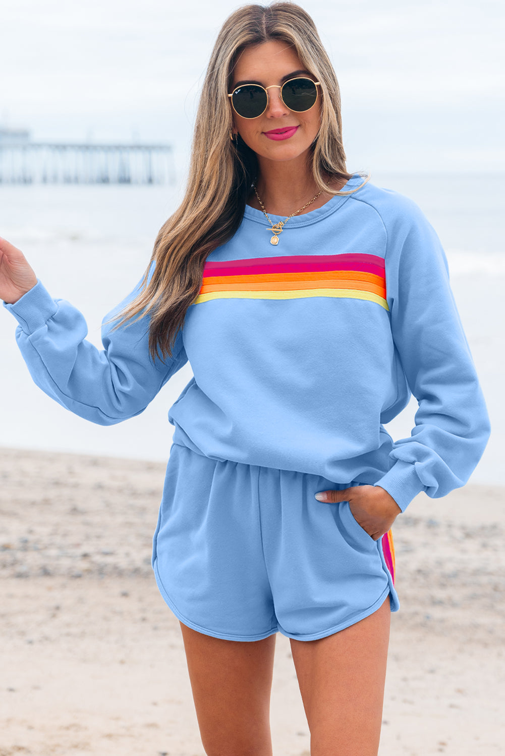 Ensemble décontracté deux pièces pull et short à rayures bleu Beau