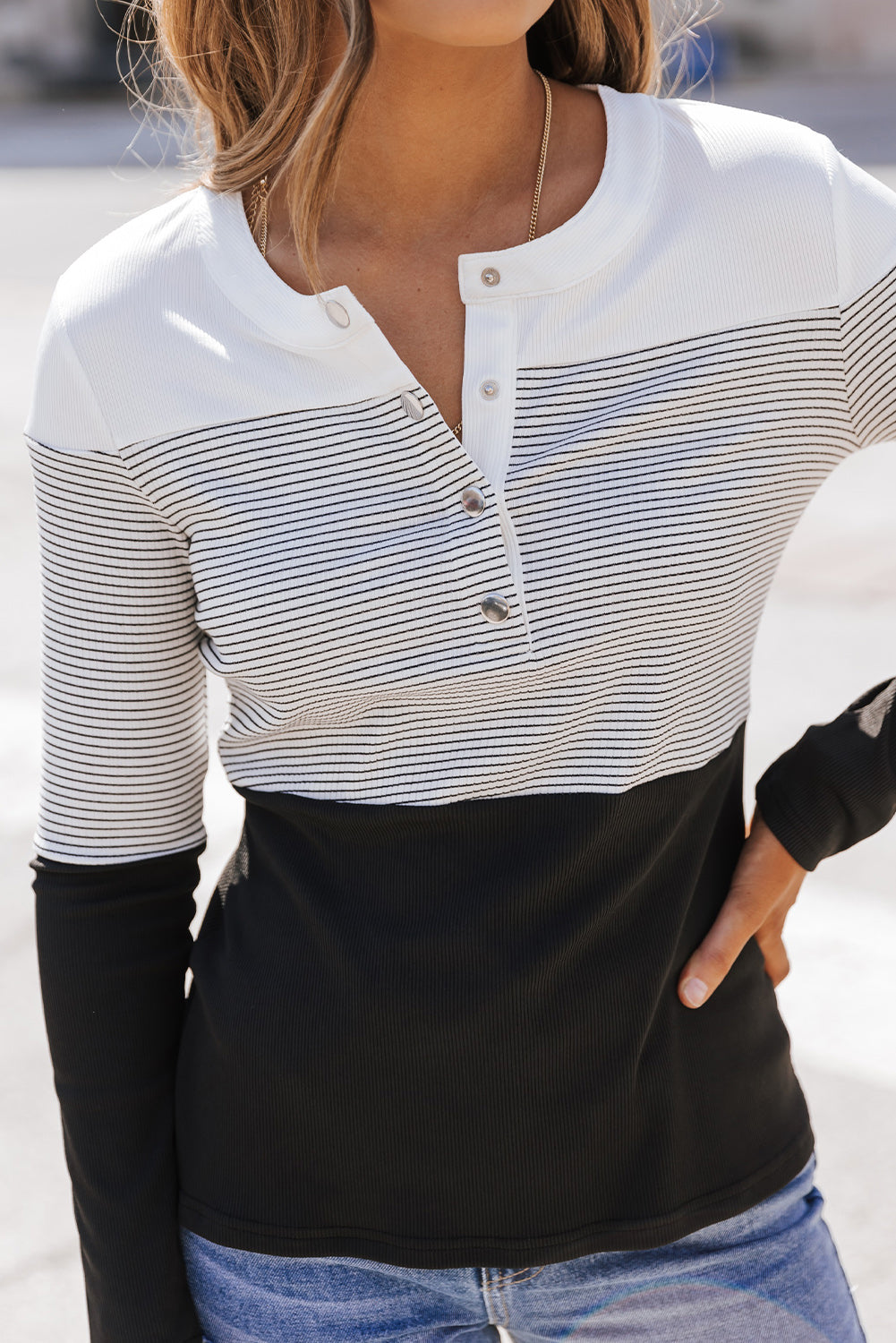 White Striped Colorblock Splicing Henley Top