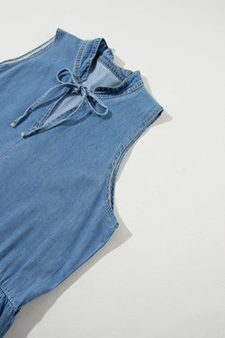 Vestido azul largo en Chambray en varios niveles sin mangas