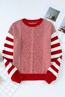 Red Striped Textured Drop Shoulder Sweater