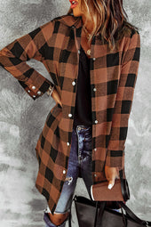 Brown plaid shirt coat with turn-down collar