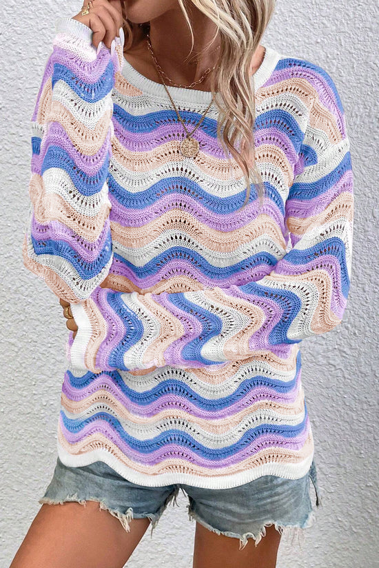 Pull à épaules tombantes en tricot pointelle ondulé à rayures violettes