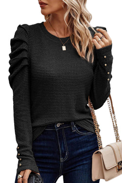 Black textured solid color buttoned mutton sleeve top