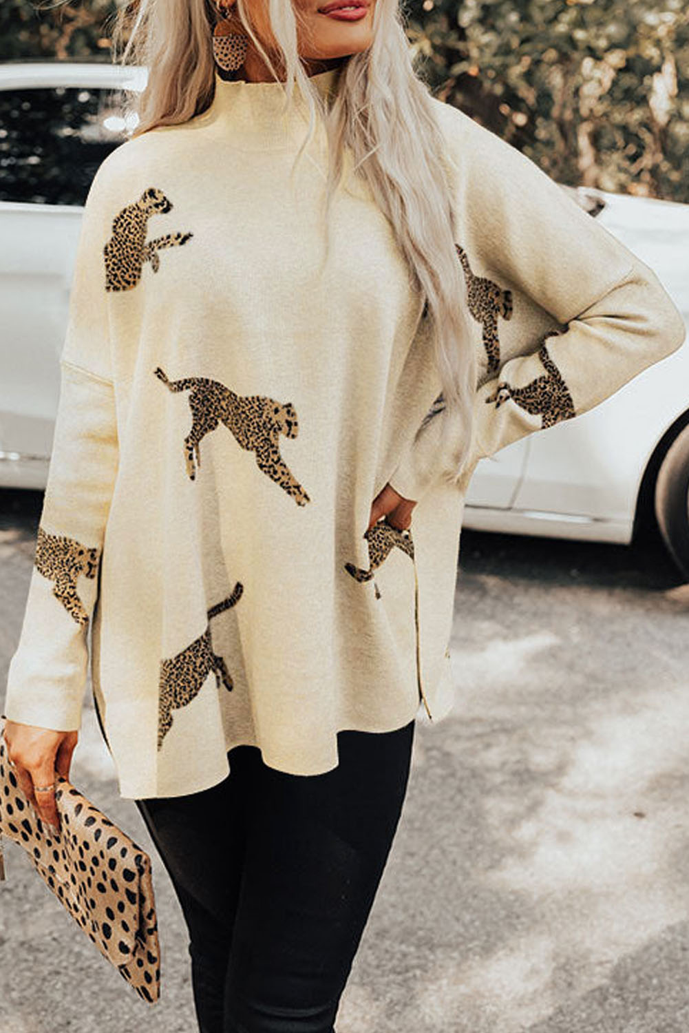 Parchment Lively - Cheetah Print High Neck Split Hem Sweater