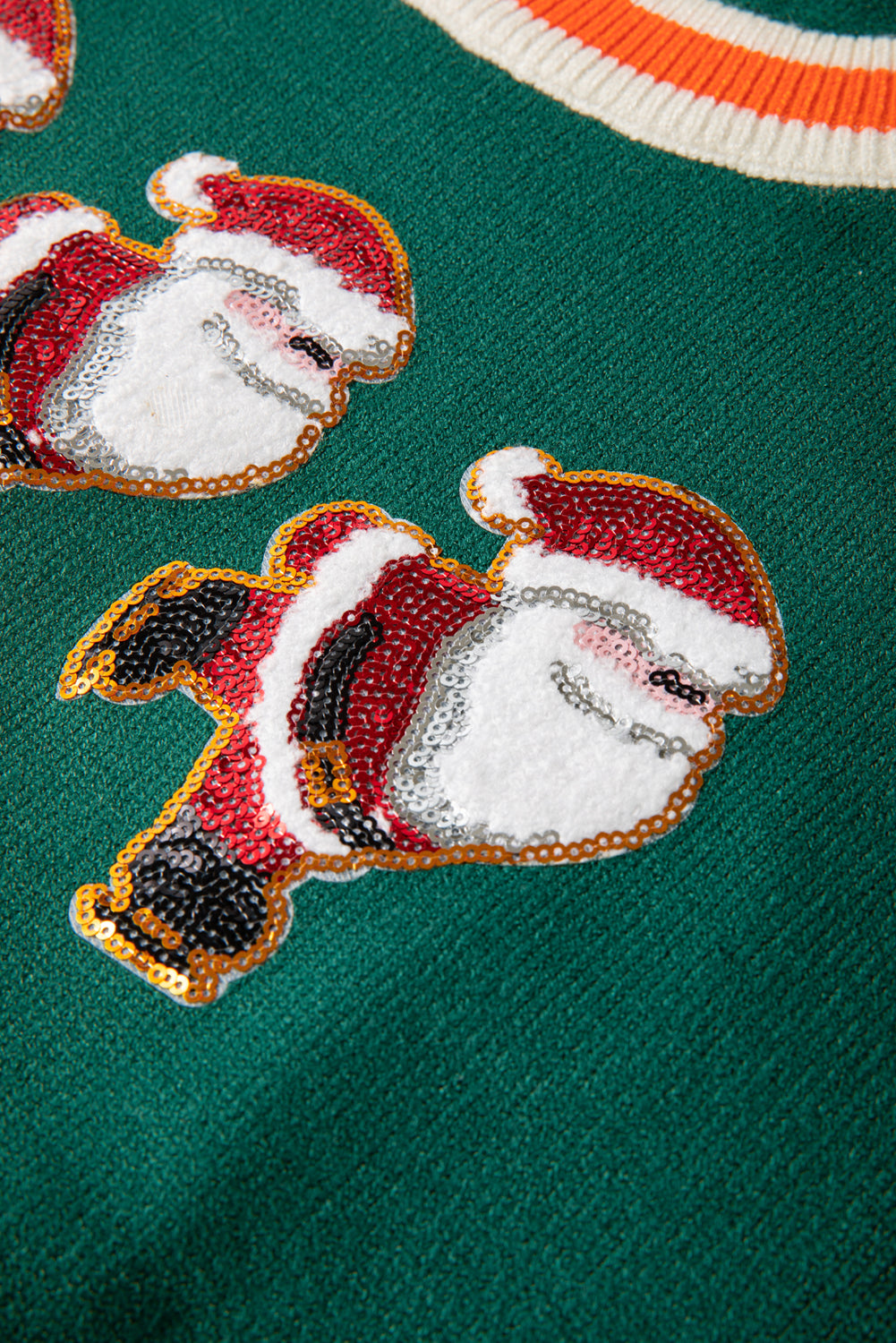 Crew neck sweater with striped trim and glittery Santa motif in blackish green