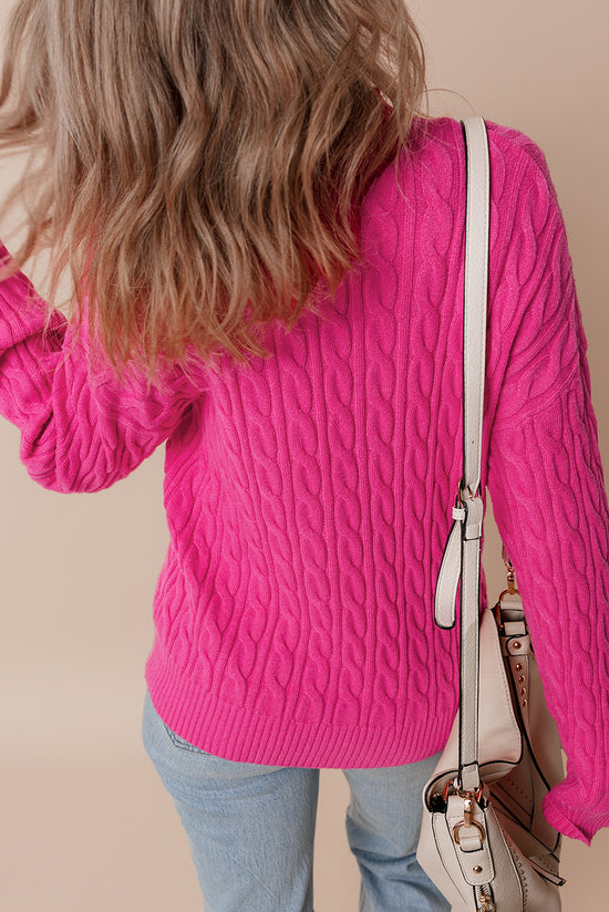 Solid Red Pink Cable Knit Drop Shoulder High Neck Sweater