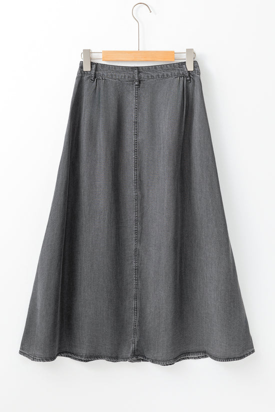 Fully buttoned dark gray man's skirt