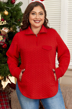 Pull texturé torsadé rouge tomate avec poche zippée sur un quart, grande taille