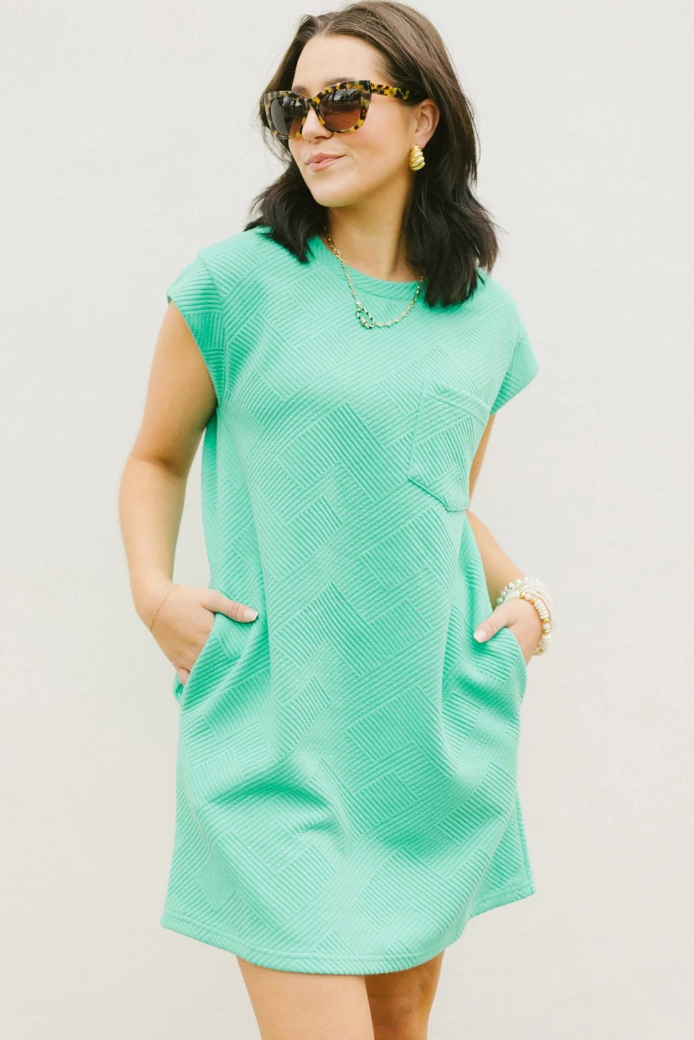 Mint Green Textured Cap Sleeve T-Shirt Dress