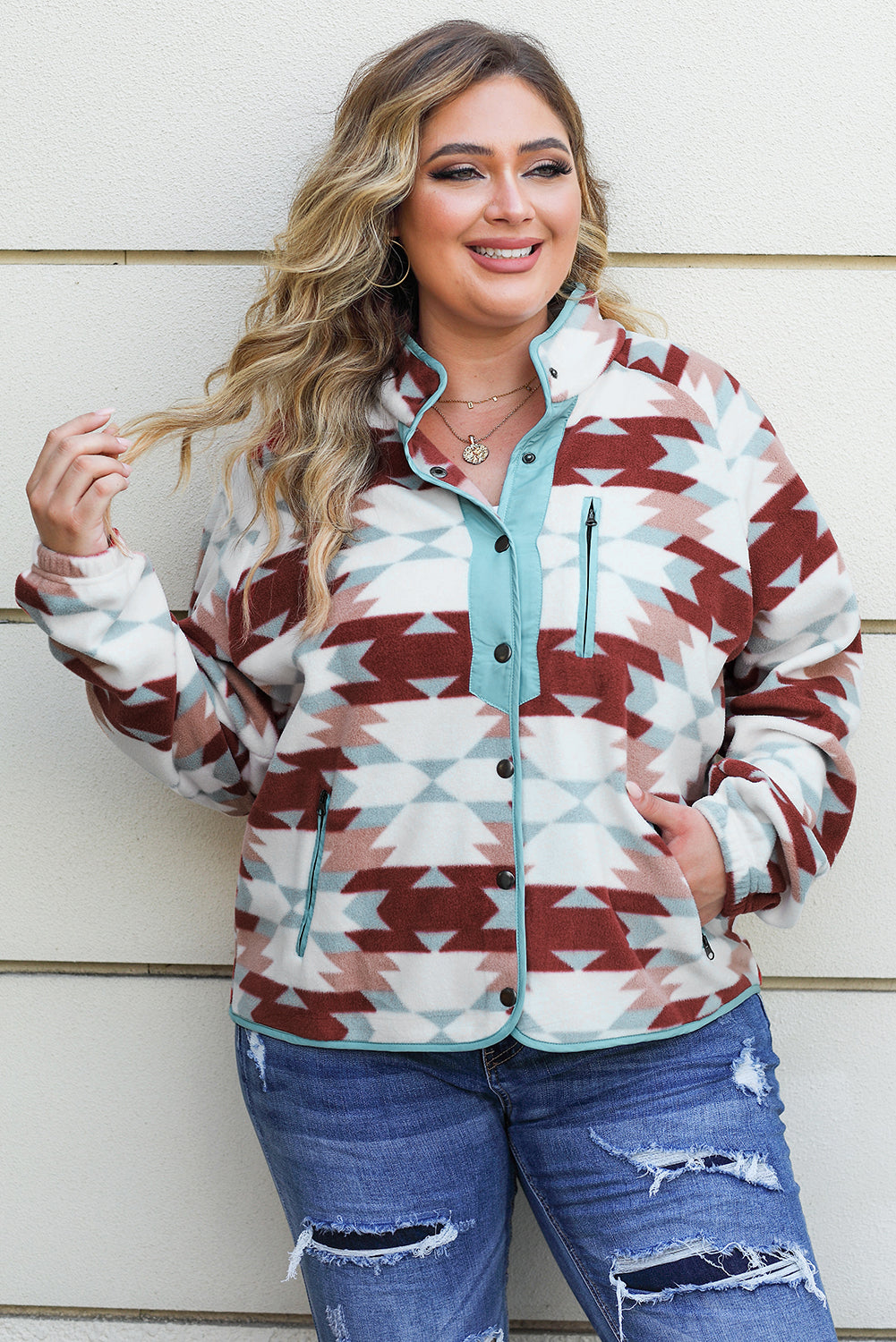 Plus Size Fiery Red Geometric Aztec Pattern Fleece Jacket