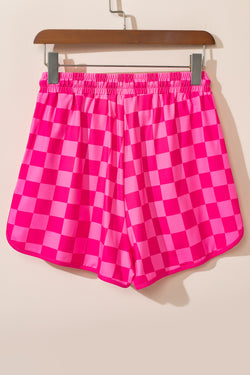 Pink Plaid Drawstring Elastic Waist Casual Shorts