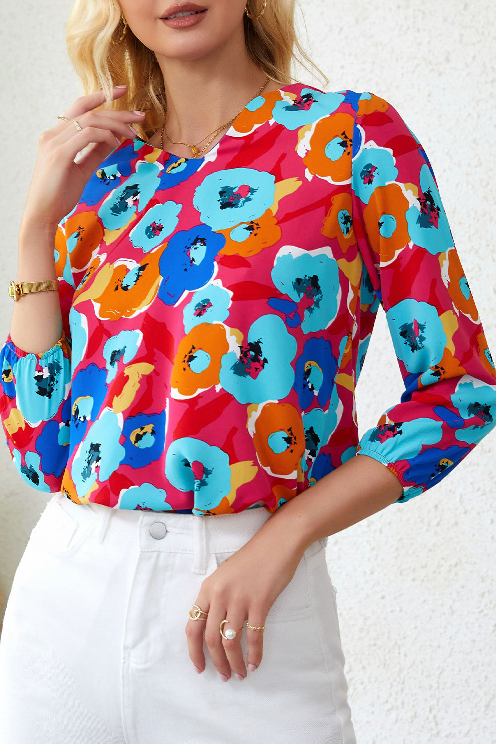 Rose Multicolor Floral Imprime en V Neck 3/4 Blouse à manches