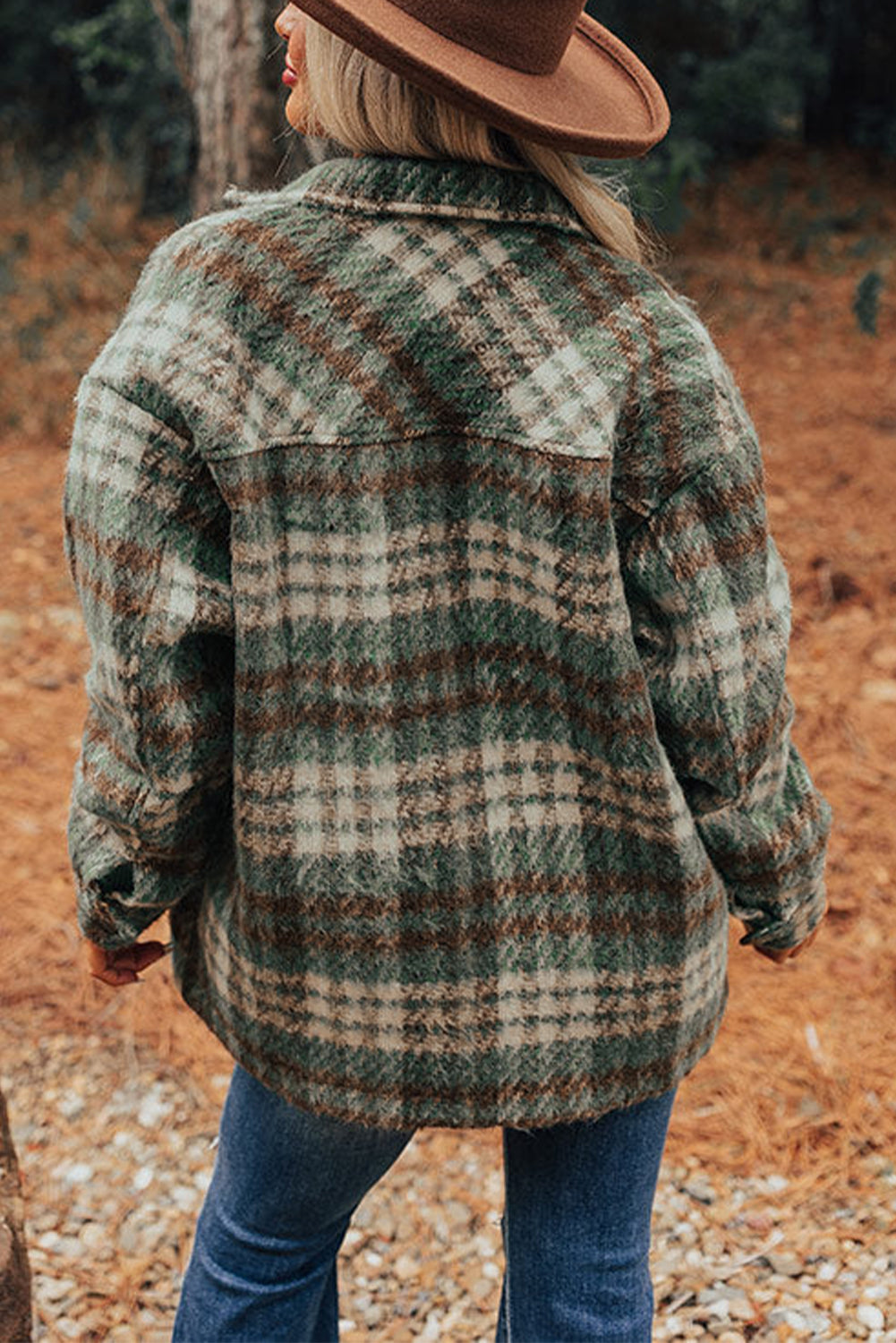 Veste à carreaux vert brume avec poches poitrine et col rabattu