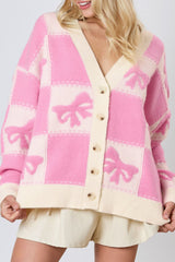 Cardigan boutonné rose à motif à carreaux et col en V avec épaules tombantes-A WOMAN WE LOVE