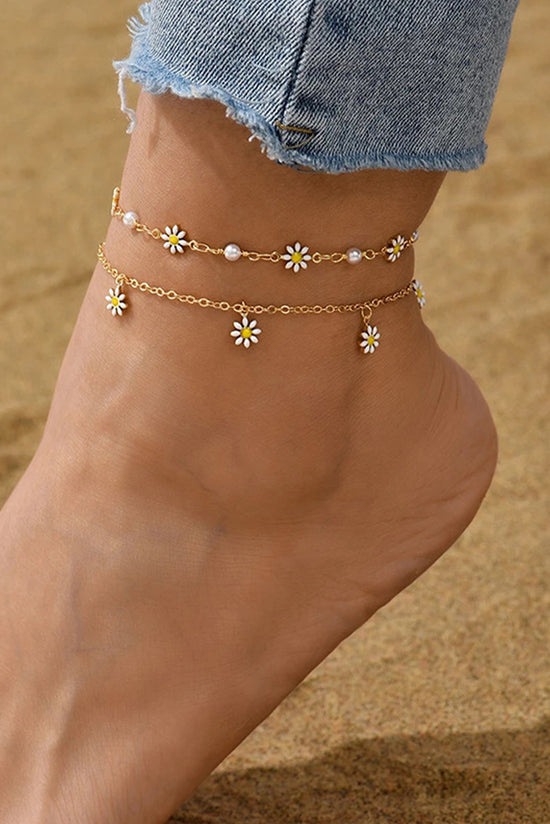 Bracelet de cheville chaîne en marguerite et perles dorées