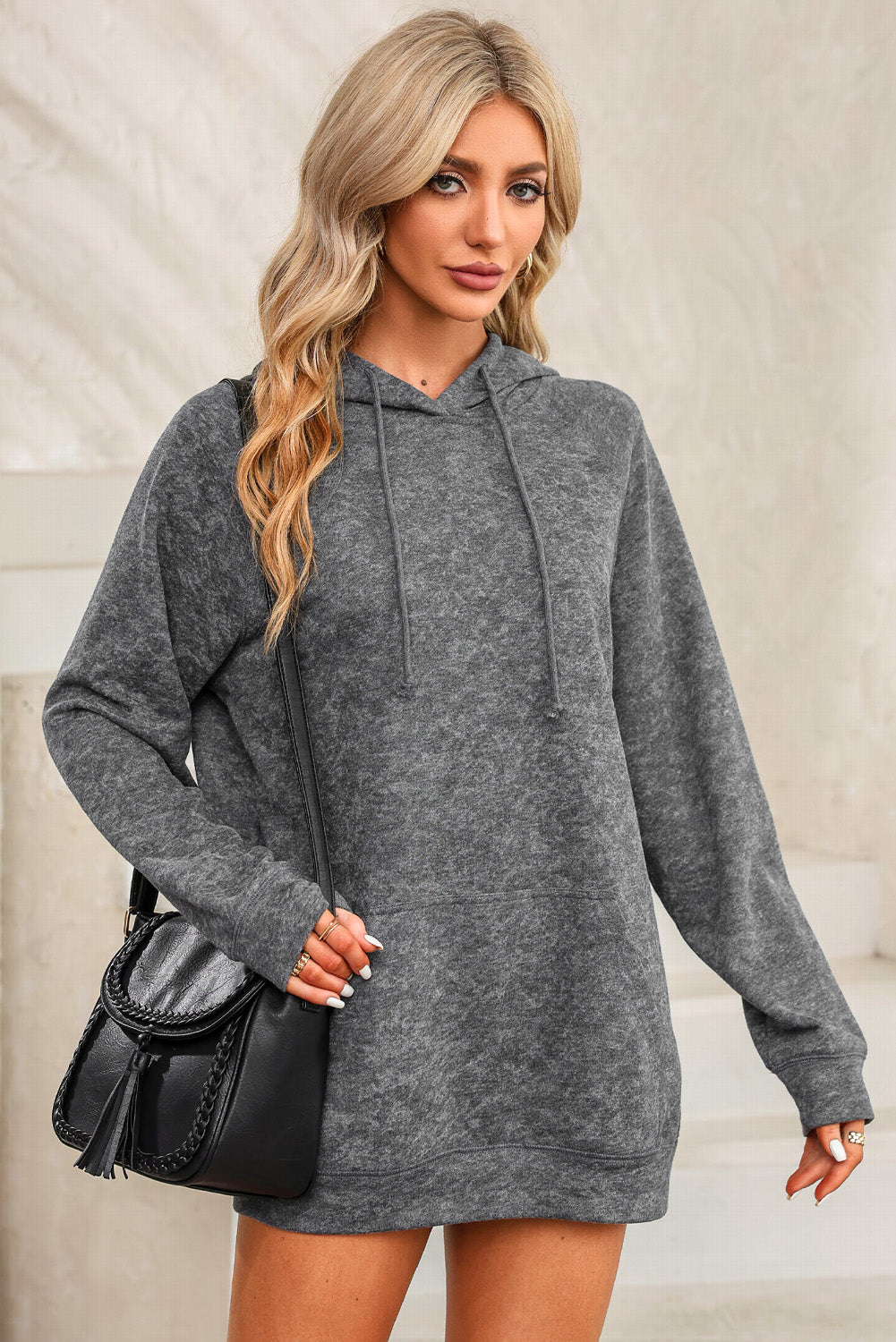 Sudadera con capucha con cordón apretado y mineral gris de bolsillo canguro