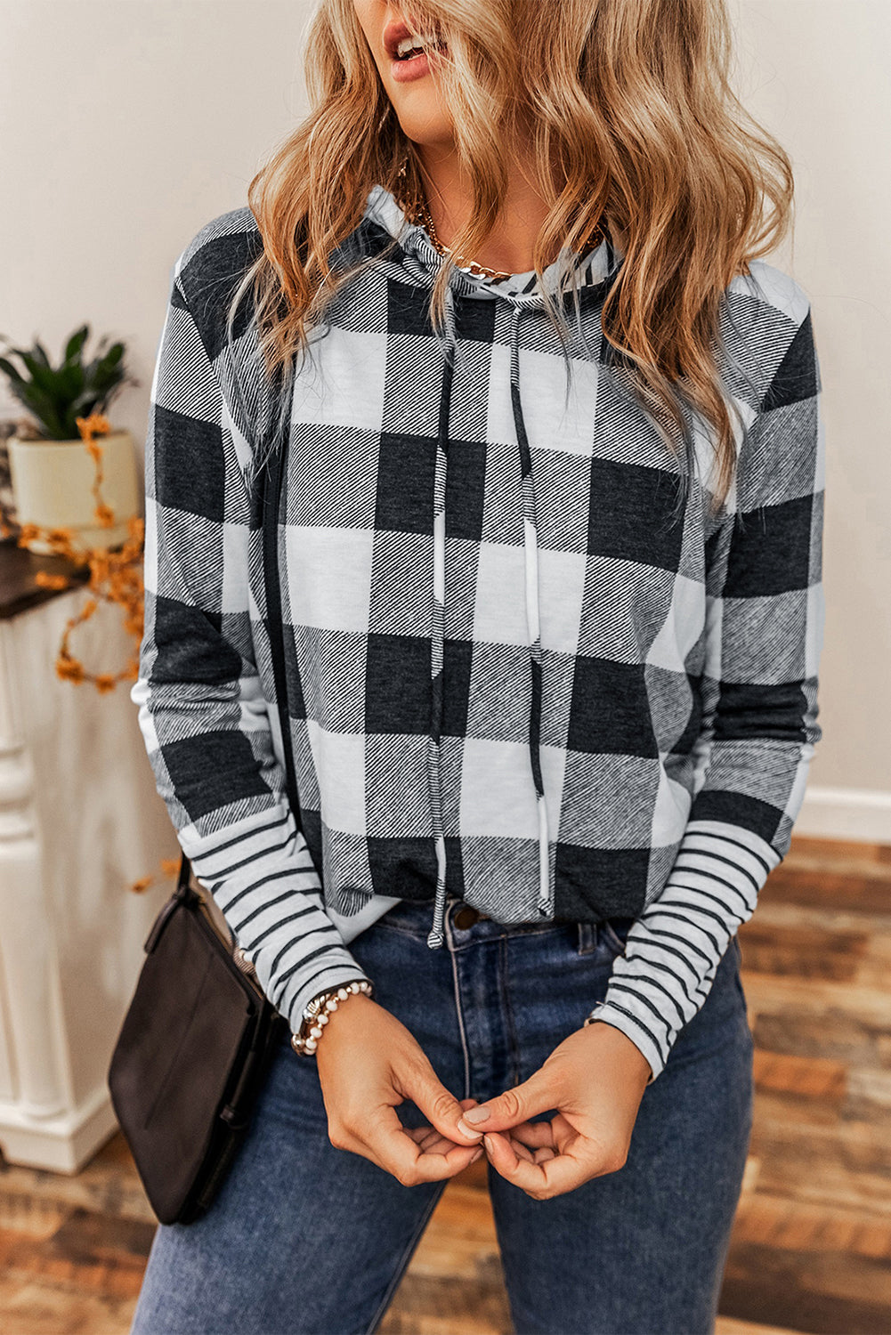 Multicolierer Plaid Striped Patchwork Draw String Hoodie