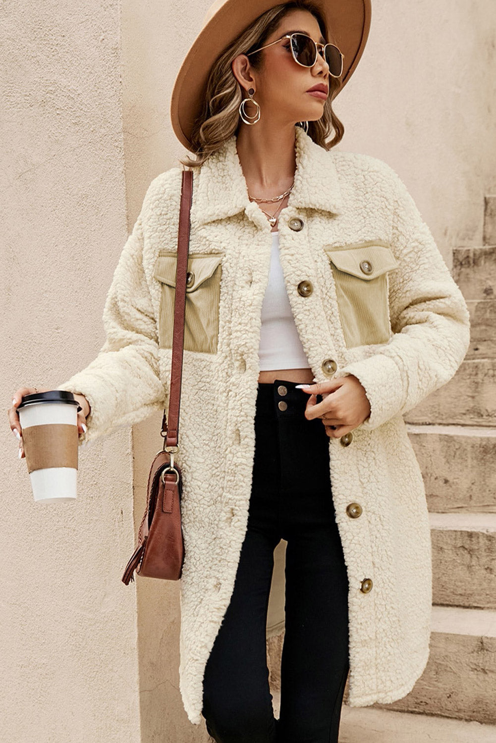 Teddy beige coat with single buttoning and contrasting flap pocket