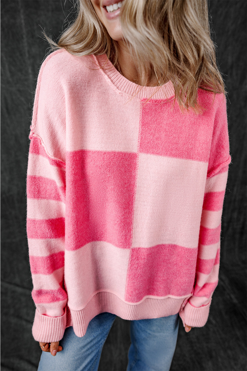 Large pink sweater for a low -low striped color block