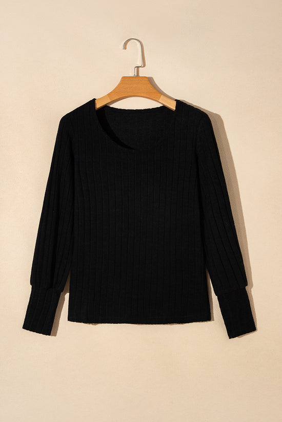 Black ribbed top with bishop sleeves and round neck