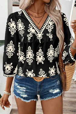 Black blouse with vintage geometric print *